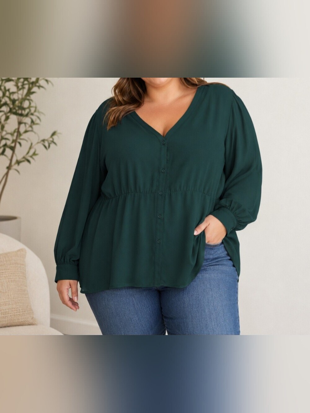 Eloquii green sheer balloon sleeve button up blouse size 26 soft romantic